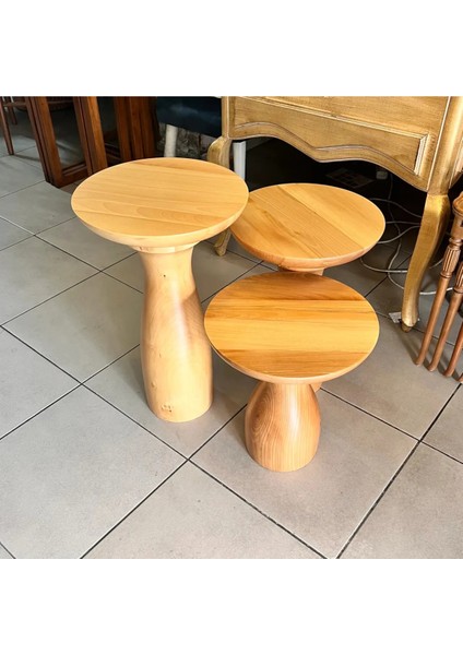 Ahşap 3’Lü Set Fitilli Mantar Yan Sehpa Modern Fiskos / Çiçeklik / Zigon Sehpa