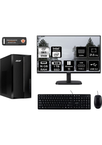 Aspire TC1760 Intel Core I5 12400 16GB 1tb SSD 21.5" Fhd Monitör W11P DT.BHUEM.005 Masaüstü Bilgisayar & Per4 USB Bellek DTBHUEM005MNT413