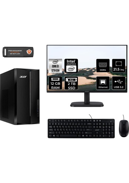 Aspire TC1760 Intel Core I3 12100 12GB 2tb SSD 21.5" Fhd Monitör Fdos DT.BHUEM.004 Masaüstü Bilgisayar & Per4 USB Bellek DTBHUEM004MNT309