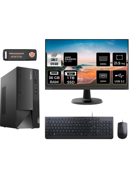 Thinkcentre Neo 50T Intel Core I7 13700 36GB 1tb SSD RX550/4GB 21.5" Fhd Monitör Fdos 12JD0008TR Masaüstü Bilgisayar & Per4 USB Bellek 12JD0008TRMNT1333