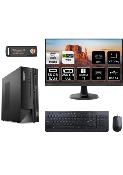 Thinkcentre Neo 50S Intel Core I3 12100 36GB 256GB SSD GT730/4GB 21.5" Fhd Monitör W11H 11SX002VTX Masaüstü Bilgisayar & Per4 USB Bellek 11SX002VTXMNT2381