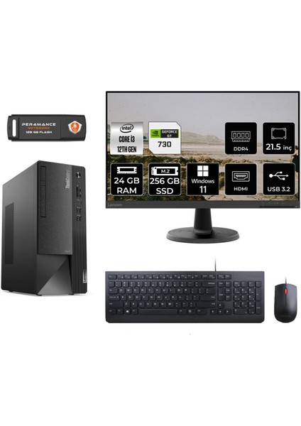 Thinkcentre Neo 50T Intel Core I3 12100 24GB 256GB SSD GT730/4GB 21.5" Fhd Monitör W11P 11SC001ATX Masaüstü Bilgisayar & Per4 USB Bellek 11SC001ATXMNT2421