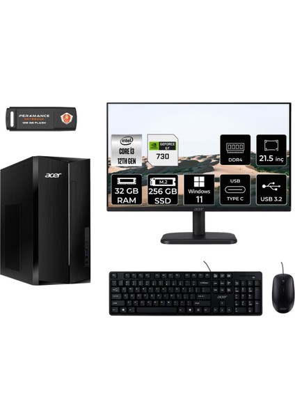 Aspire TC1760 Intel Core I3 12100 32GB 256GB SSD GT730/4GB 21.5" Fhd Monitör W11P DT.BHUEM.004 Masaüstü Bilgisayar & Per4 USB Bellek DTBHUEM004MNT2426