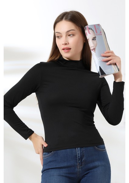 Kadın Mikro Yarım Balıkçı Yaka Uzun Kol Body 21728 Siyah