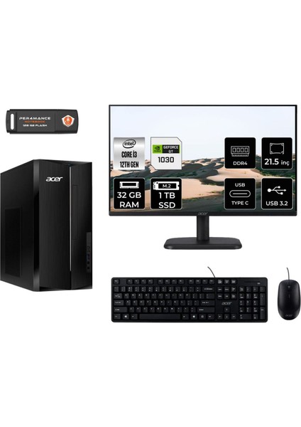 Aspire TC1760 Intel Core I3 12100 32GB 1tb SSD GT1030/4GB 21.5" Fhd Monitör Fdos DT.BHUEM.004 Masaüstü Bilgisayar & Per4 USB Bellek DTBHUEM004MNT3328