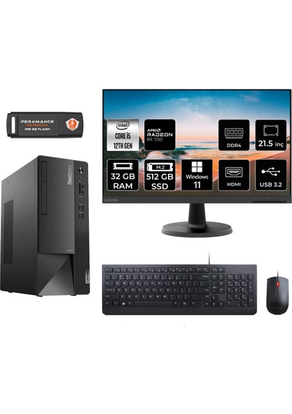 Thinkcentre Neo 50T Intel Core I5 12400 32GB 512GB SSD RX550/4GB 21.5" Fhd Monitör W11H 11SE00BPTX Masaüstü Bilgisayar & Per4 USB Bellek 11SE00BPTXMNT1377