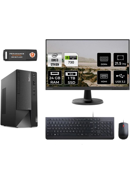 Thinkcentre Neo 50T Intel Core I3 12100 24GB 1tb SSD GT730/4GB 21.5" Fhd Monitör Fdos 11SC001ATX Masaüstü Bilgisayar & Per4 USB Bellek 11SC001ATXMNT2323