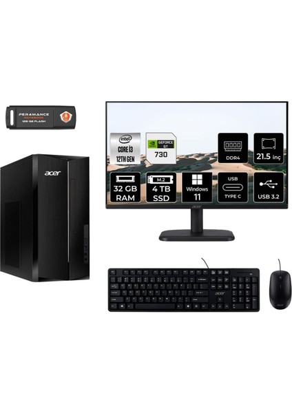 Aspire TC1760 Intel Core I3 12100 32GB 4tb SSD GT730/4GB 21.5" Fhd Monitör W11H DT.BHUEM.004 Masaüstü Bilgisayar & Per4 USB Bellek DTBHUEM004MNT2380
