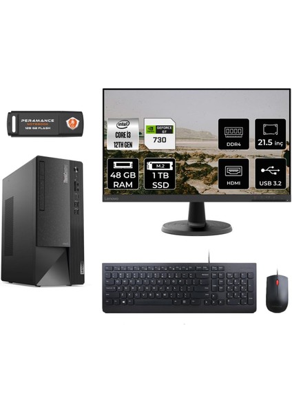 Thinkcentre Neo 50T Intel Core I3 12100 48GB 1tb SSD GT730/4GB 21.5" Fhd Monitör Fdos 11SC001ATX Masaüstü Bilgisayar & Per4 USB Bellek 11SC001ATXMNT2343