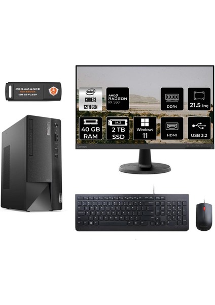 Thinkcentre Neo 50T Intel Core I3 12100 40GB 2tb SSD RX550/4GB 21.5" Fhd Monitör W11H 11SC001ATX Masaüstü Bilgisayar & Per4 USB Bellek 11SC001ATXMNT1389