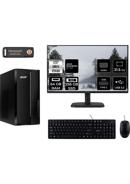 Aspire TC1760 Intel Core I5 12400 64GB 256GB SSD RX550/4GB 21.5" Fhd Monitör Fdos DT.BHUEM.005 Masaüstü Bilgisayar & Per4 USB Bellek DTBHUEM005MNT1346