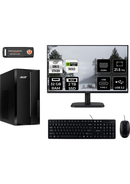 Aspire TC1760 Intel Core I5 12400 32GB 2tb SSD GTX1650/4GB 21.5" Fhd Monitör Fdos DT.BHUEM.005 Masaüstü Bilgisayar & Per4 USB Bellek DTBHUEM005MNT4329