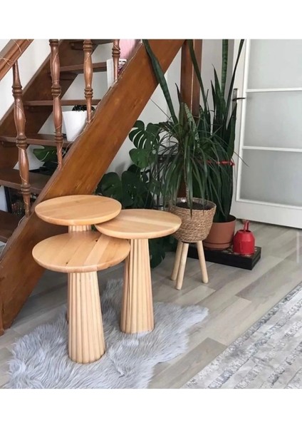 Simillo Home & Living Wood Ahşap 3’Lü Set Fitilli Mantar Yan Sehpa Modern Fiskos / Çiçeklik