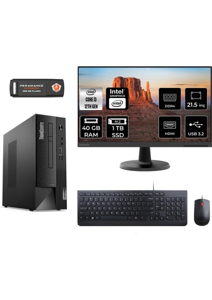 Thinkcentre Neo 50S Intel Core I3 12100 40GB 1tb SSD 21.5" Fhd Monitör Fdos 11SX002VTX Masaüstü Bilgisayar & Per4 USB Bellek 11SX002VTXMNT338