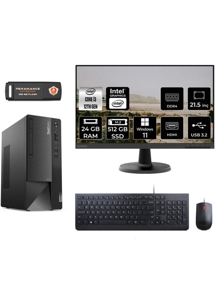 Thinkcentre Neo 50T Intel Core I3 12100 24GB 512GB SSD Windows 11 Home 21.5" FHD11SC001ATX Masaüstü Bilgisayar & Per4 USB Bellek 11SC001ATXMNT372