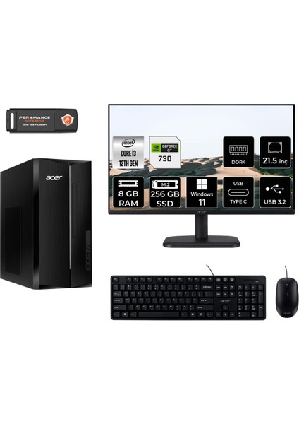 Aspire TC1760 Intel Core I3 12100 8gb 256GB SSD GT730/4GB Windows 11 Home 21.5" FHDDT.BHUEM.004 Masaüstü Bilgisayar & Per4 USB Bellek DTBHUEM004MNT2351