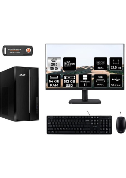 Aspire TC1760 Intel Core I3 12100 64GB 512GB SSD RX550/4GB 21.5" Fhd Monitör W11H DT.BHUEM.004 Masaüstü Bilgisayar & Per4 USB Bellek DTBHUEM004MNT1397