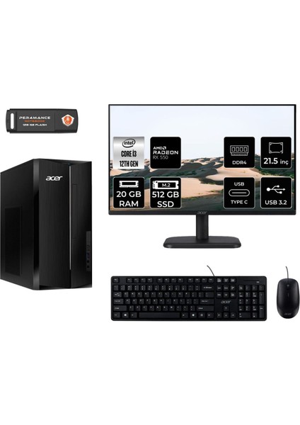 Aspire TC1760 Intel Core I3 12100 20GB 512GB SSD RX550/4GB Freedos 21.5" FHD DT.BHUEM.004 Masaüstü Bilgisayar & Per4 USB Bellek DTBHUEM004MNT1317