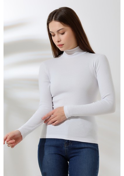 Kadın Mikro Yarım Balıkçı Yaka Uzun Kol Body 21728 Beyaz