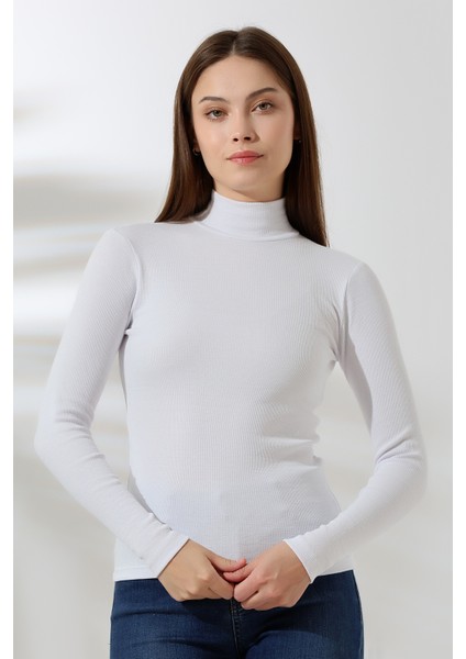 Kadın Mikro Yarım Balıkçı Yaka Uzun Kol Body 21728 Beyaz