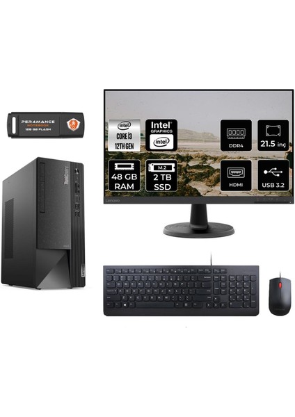 Thinkcentre Neo 50T Intel Core I3 12100 48GB 2tb SSD Freedos 21.5" FHD 11SC001ATX Masaüstü Bilgisayar & Per4 USB Bellek 11SC001ATXMNT344