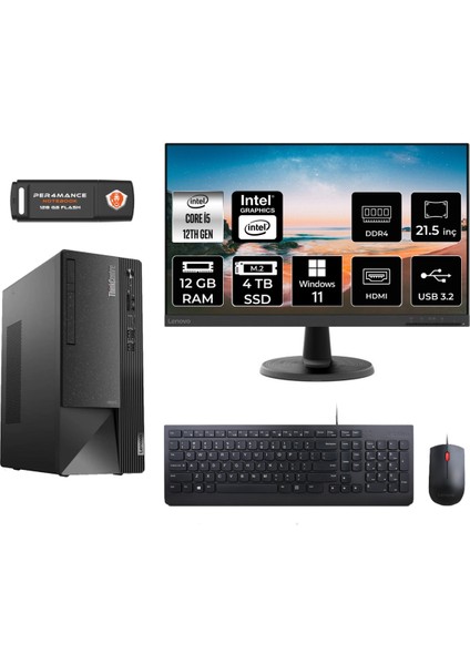 Thinkcentre Neo 50T Intel Core I5 12400 12GB 4tb SSD Windows 11 Pro 21.5" FHD 11SE00BJTX Masaüstü Bilgisayar & Per4 USB Bellek 11SE00BJTXMNT410