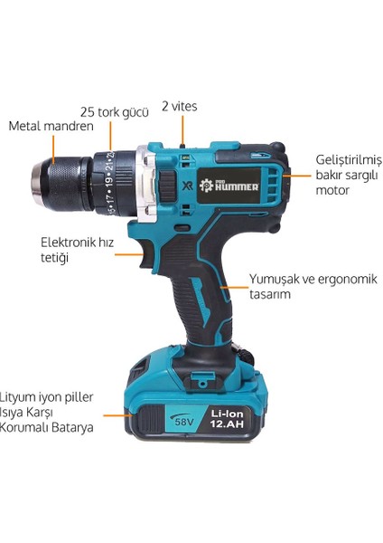 PH213 Yeni Xr Çift Batarya 58VF 12AH Şarjlı Matkap Seti (Mavi)
