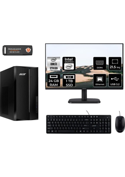 Aspire TC1760 Intel Core I3 12100 24GB 1tb SSD 21.5" Fhd Monitör Fdos DT.BHUEM.004 Masaüstü Bilgisayar & Per4 USB Bellek DTBHUEM004MNT323