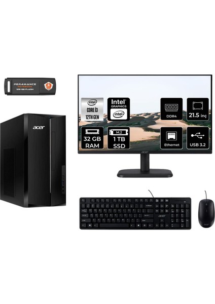 Aspire TC1760 Intel Core I3 12100 32GB 1tb SSD 21.5" Fhd Monitör Fdos DT.BHUEM.004 Masaüstü Bilgisayar & Per4 USB Bellek DTBHUEM004MNT328