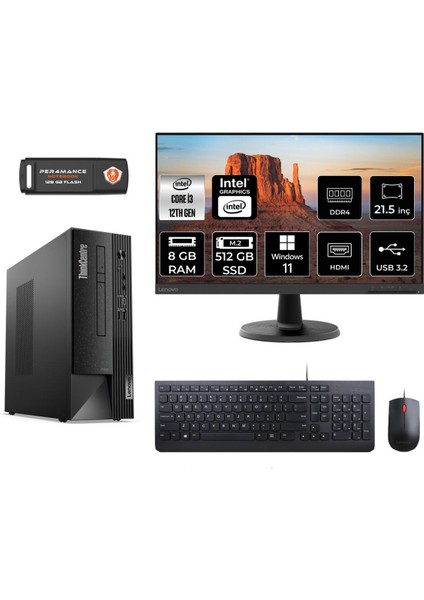 Thinkcentre Neo 50S Intel Core I3 12100 8gb 512GB SSD Windows 11 Home 21.5" FHD11SX002VTX Masaüstü Bilgisayar & Per4 USB Bellek 11SX002VTXMNT352