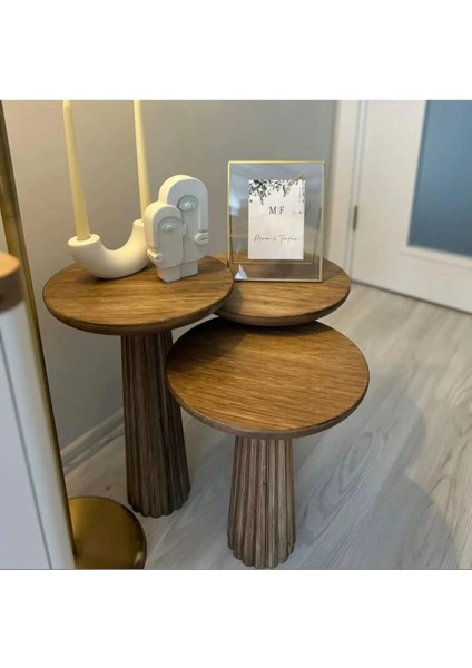 Wood 3’Lü Set Mantar Yan Sehpa Modern Ahşap Ceviz Renk Fiskos / Çiçeklik