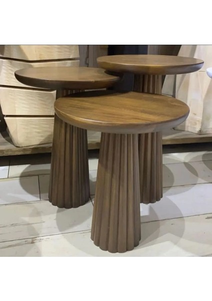 Wood 3’Lü Set Mantar Yan Sehpa Modern Ahşap Ceviz Renk Fiskos / Çiçeklik fiyatları