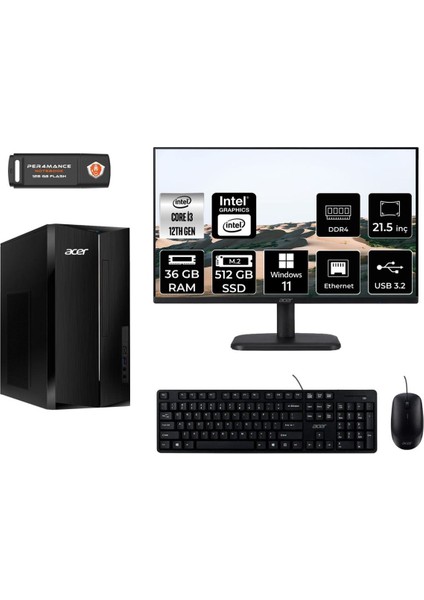 Aspire TC1760 Intel Core I3 12100 36GB 512GB SSD 21.5" Fhd Monitör W11H DT.BHUEM.004 Masaüstü Bilgisayar & Per4 USB Bellek DTBHUEM004MNT382