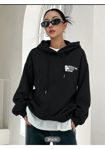 Siyah Basic Baskılı Kapüşonlu Sweatshirt L-Xl