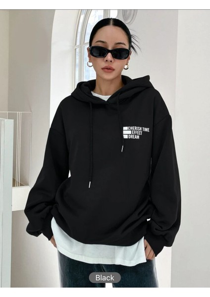 Siyah Basic Baskılı Kapüşonlu Sweatshirt L-Xl
