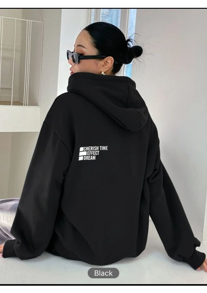 Siyah Basic Baskılı Kapüşonlu Sweatshirt L-Xl
