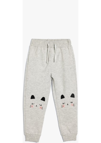 Jogger Eşofman Altı Kedi Baskılı Beli Bağlamalı