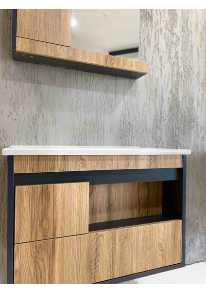Atlantik Çam-Antrasit Gri Mat Mdf Seramik Lavabolu Asma Banyo Dolabı Takımı