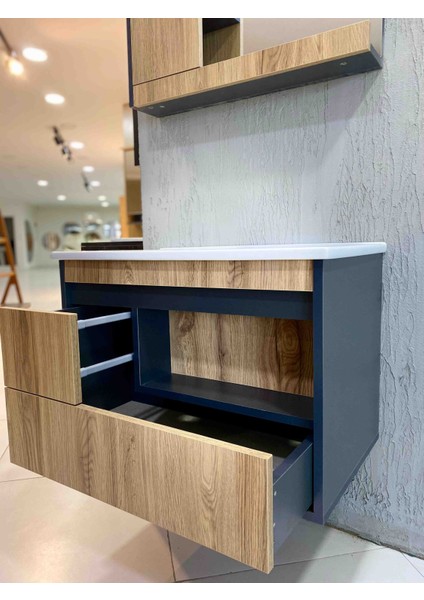 Atlantik Çam-Antrasit Gri Mat Mdf Seramik Lavabolu Asma Banyo Dolabı Takımı