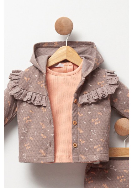 Yumuşak Dokulu Desenli Kapüşonlu Kız Bebek 3'lü Takım