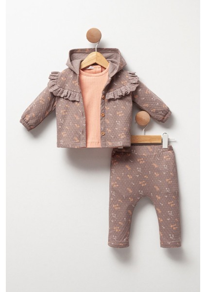 Yumuşak Dokulu Desenli Kapüşonlu Kız Bebek 3'lü Takım fiyatları