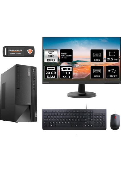 Thinkcentre Neo 50T Intel Core I5 12400 20GB 1tb SSD RX550/4GB 21.5" Fhd Monitör Fdos 11SE00MJTX Masaüstü Bilgisayar & Per4 USB Bellek 11SE00MJTXMNT1318