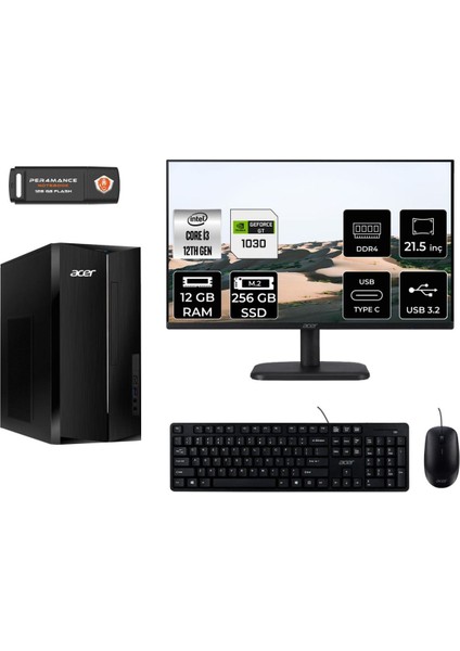 Aspire TC1760 Intel Core I3 12100 12GB 256GB SSD GT1030/4GB 21.5" Fhd Monitör Fdos DT.BHUEM.004 Masaüstü Bilgisayar & Per4 USB Bellek DTBHUEM004MNT3306