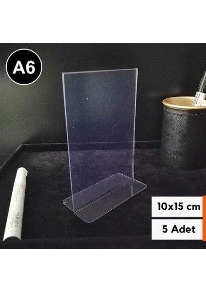 5 Adet Pvc Broşürlük Menülük Etiketlik 10 x 15 cm Tutucu Dik Çift Yön A6 Masaüstü Föylük