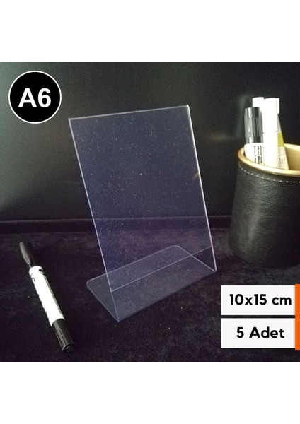 5 Adet A6 Şeffaf Broşürlük Menülük Etiketlik 15 x 10 cm Halı Mobilya Kafe A6 Masaüstü Föylük