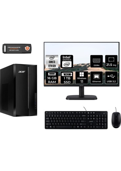 Aspire TC1760 Intel Core I3 12100 16GB 1tb SSD 21.5" Fhd Monitör W11H DT.BHUEM.004 Masaüstü Bilgisayar & Per4 USB Bellek DTBHUEM004MNT363