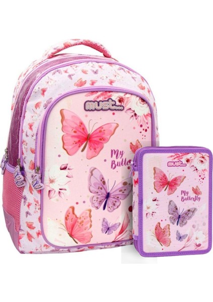 Soft Pembe Kelebek Okul Çantası + Kalemlik 2'li Set
