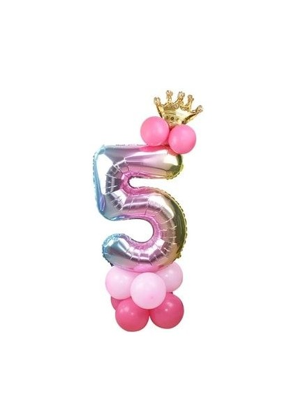 Rakam Balon Karşılama Seti 5 Yaş Gökkuşağı Renkleri Rakam Balon Altın Taçlı 5 Rakamlı Balon