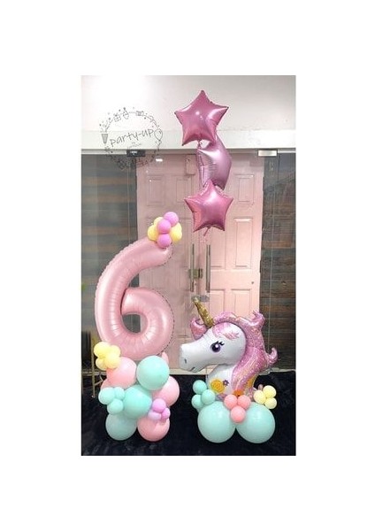Unicorn Balon Seti Pembe Rakam Balonlu Unicorn Temalı Doğum Günü Karşılama Seti