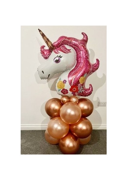 Rose Gold Parlak Balonlu Unicorn Balon Sütunu Karşılama Seti